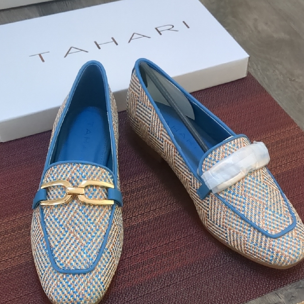 Tahari Blue and Tan Women's Flats with Gold Accent New In Box